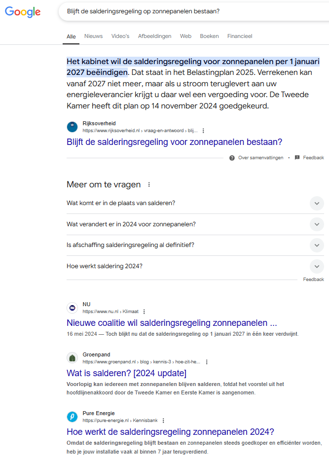 19 - Google zoekresultaten Salderingsregeling zonnepanelen - ChatGPT Zoeken op het Web - B&S Media Internetmarketing