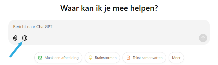 2 - Beginscherm aanwijzer ChatGPT met Zoeken op het web - B&S Media Internetmarketing
