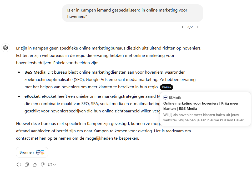 Zoekopdracht online marketing voor Hoveniers - ChatGPT Zoeken op het web - B&S Media Internetmarketing