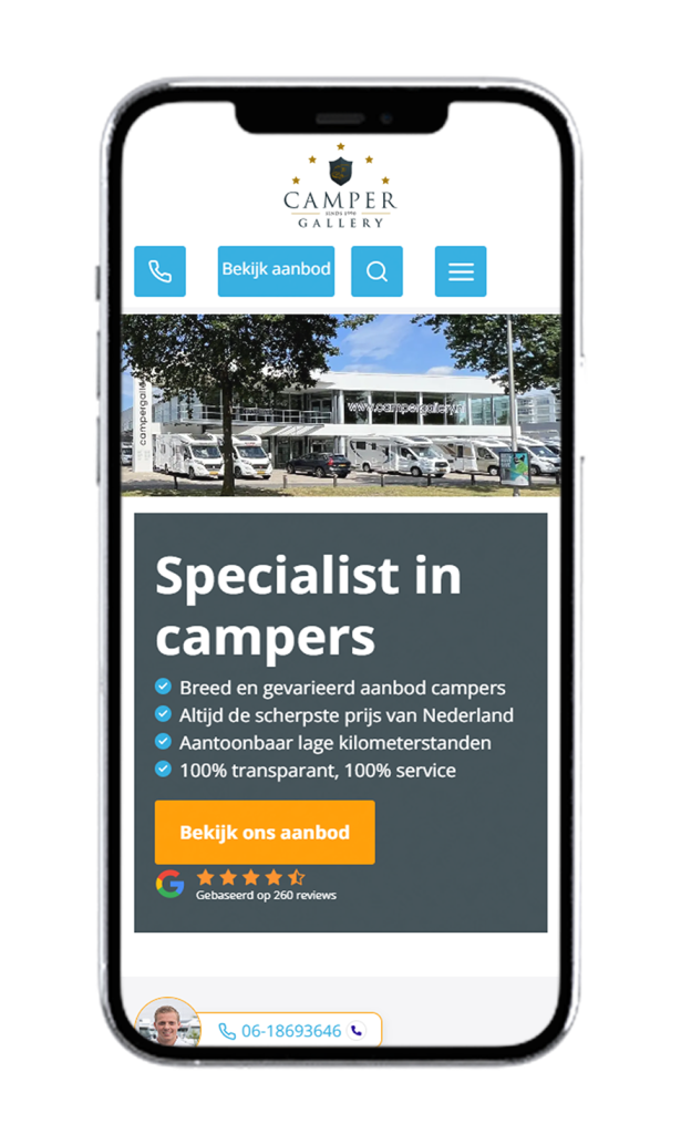 De mobiele website van Campergallery - Webdesign en realisatie door B&S Media Internetmarketing